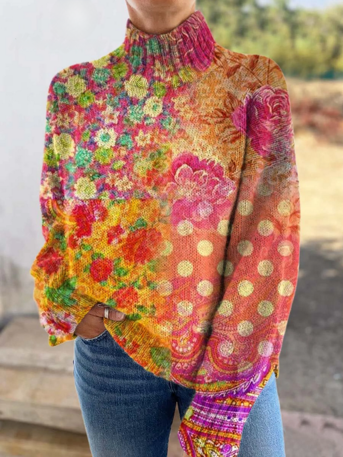 Mallory™ | Floral Polka Dot Knit Turtleneck Sweater