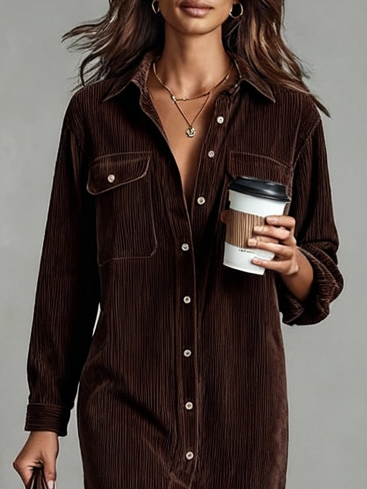 Jessy | Loose Corduroy Double Chest Pocket Breasted Midi Dress
