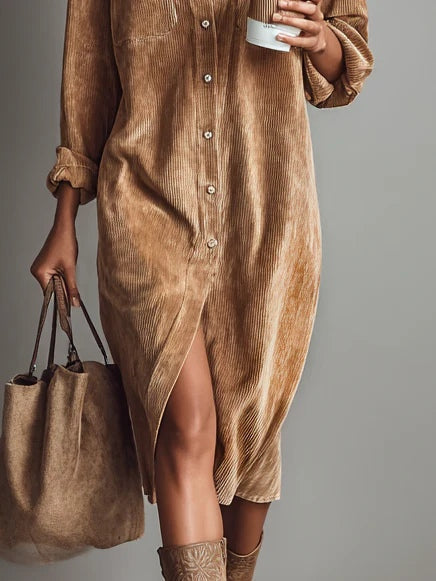 Jessy | Loose Corduroy Double Chest Pocket Breasted Midi Dress