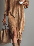Jessy | Loose Corduroy Double Chest Pocket Breasted Midi Dress