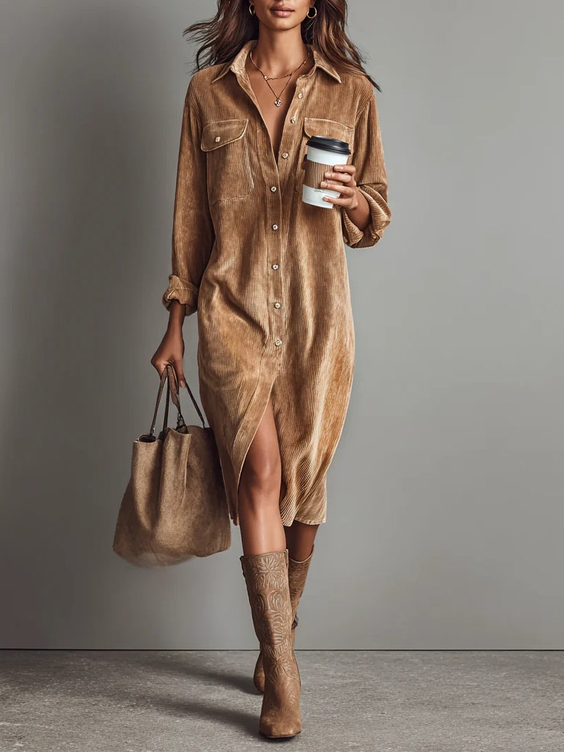 Jessy | Loose Corduroy Double Chest Pocket Breasted Midi Dress