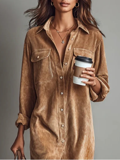 Jessy | Loose Corduroy Double Chest Pocket Breasted Midi Dress