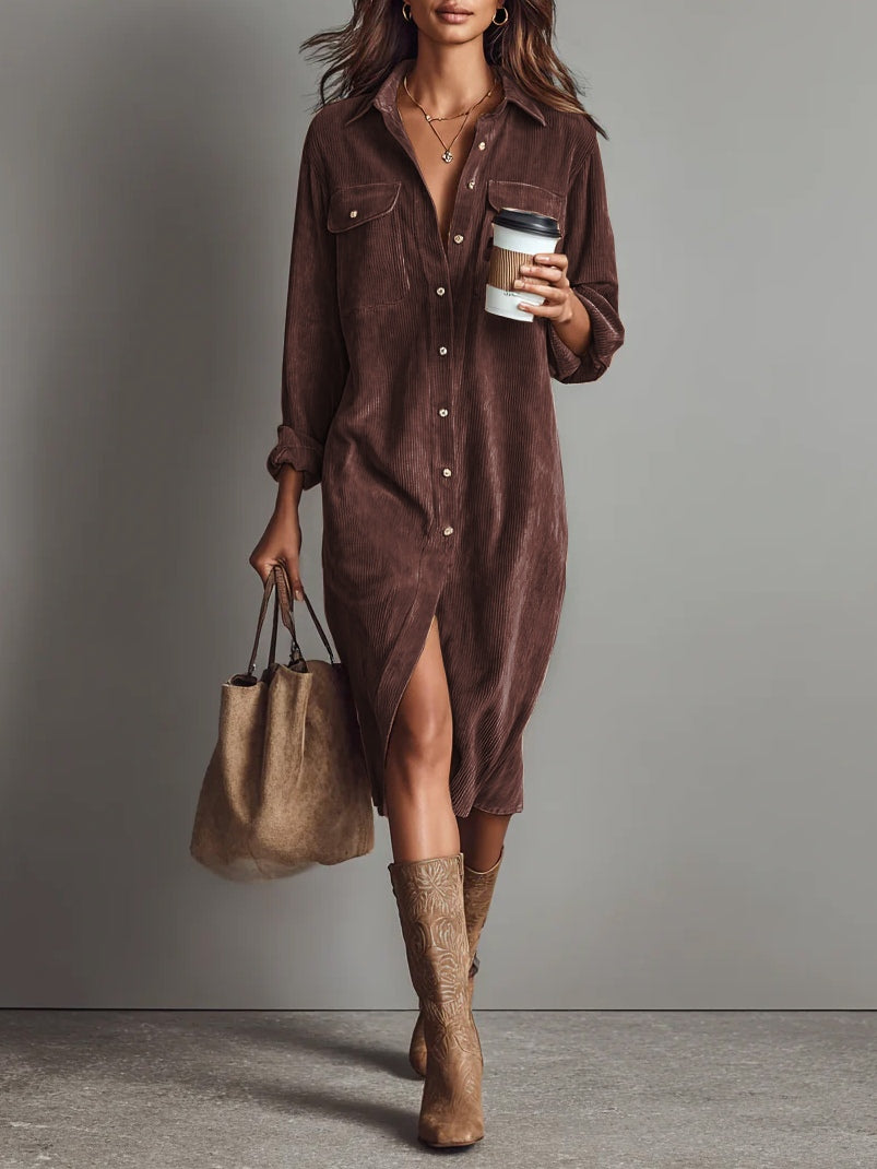 Jessy | Loose Corduroy Double Chest Pocket Breasted Midi Dress